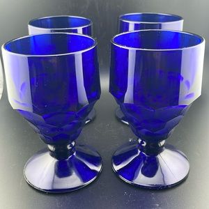 Vintage Cobalt Blue 10oz Georgian Honeycomb Water Glasses 5.5" x 3.25", set of 4